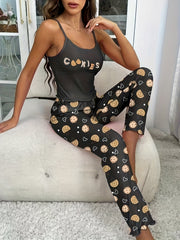 Cookies Print Pajama Set Crew Neck Cami Top & Elastic Waistband Pants