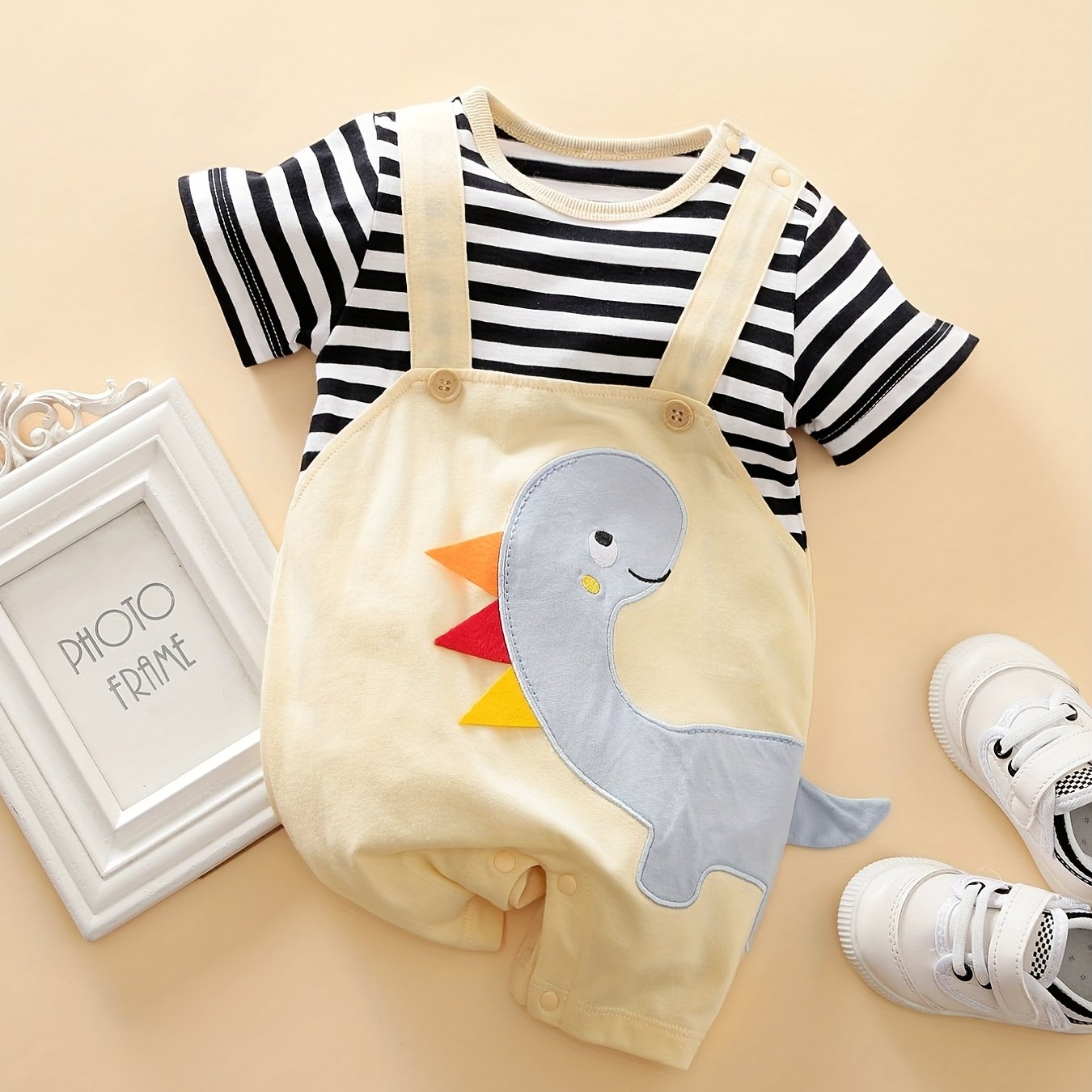 Newborn Dino Embroidered Suspender Romper Cotton Stripe Jumpsuit