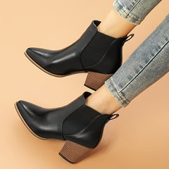Women's Pointed Toe Ankle Boots Block Heel Faux Leather Shoes