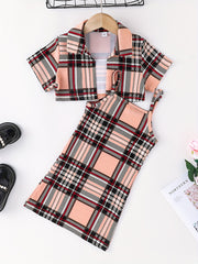 2pcs Toddler Girls Plaid Cami Dress & Crop Blouse Top Set