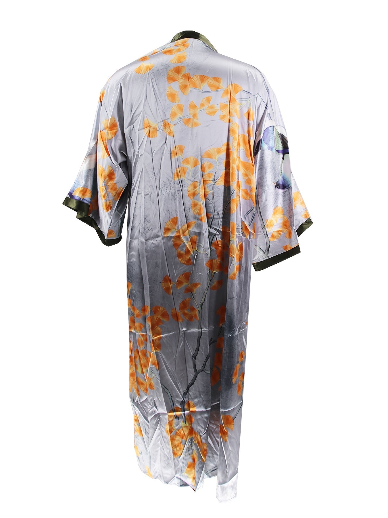 Plus Leaf Print Satin Kimono Cardigan Long Sleeve Open Front