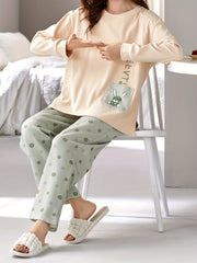Bunny Print Lounge Set Long Sleeve Top & Pants Women's Sleepwear