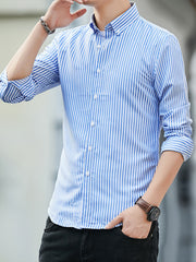 Men's Striped Long Sleeve Shirt Slim Business Casual Button Down