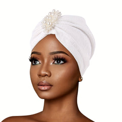 Faux Pearl Decor Turban Cap Embossed Elastic Head Wrap Solid Pleated Beanie