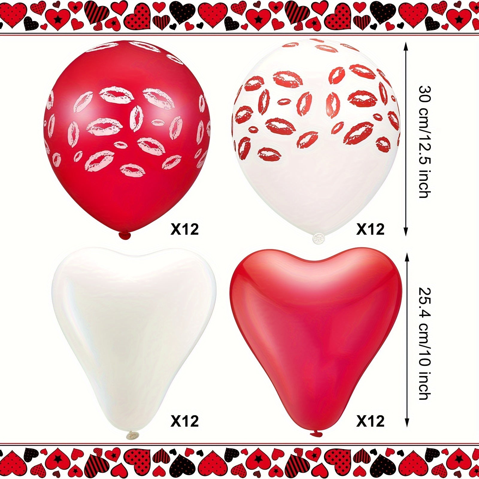 48pcs Anniversary Party Balloons - Lip and Heart Shapes with Red Lip Kiss Print