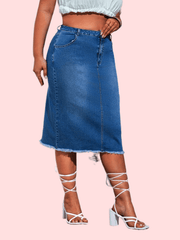 Casual Denim Skirt Women's Plus Solid Raw Trim Button Fly High Rise