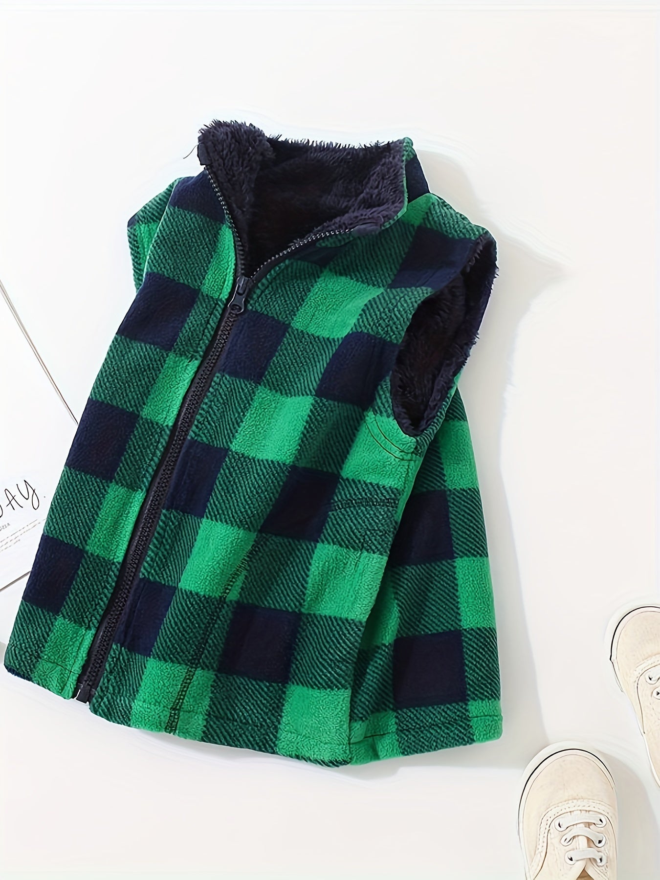 Boys Plaid Sleeveless Vest Warm Fleece Outwear Padded Jacket