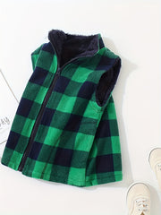 Boys Plaid Sleeveless Vest Warm Fleece Outwear Padded Jacket
