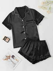 Satin Pajama Set Short Sleeve Top & Ruffle Shorts
