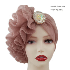 Sparkling Alloy Mesh Turban Cap Flower Wrinkled Hijab Hair Accessory