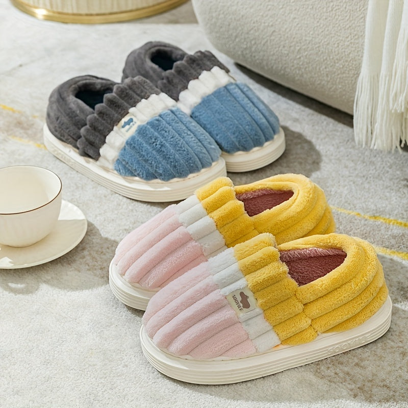 Women's Colorblock Plush Slippers Cozy Slip On Fuzzy Indoor Shoes