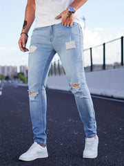 Slim Fit Ripped Cotton Jeans Men Casual Street Style Distressed Mid Stretch