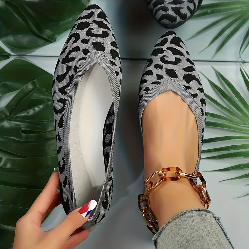 Leopard Print Knit Flat Shoes Soft Sole Slip On Casual Ballet Flats
