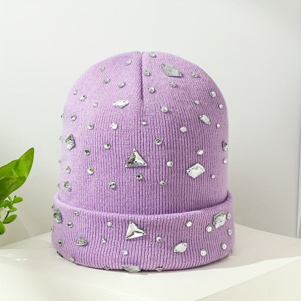 Purple Rhinestone Decor Beanie Knit Hat