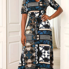 Floral Print Mock Neck Maxi Dress With Belt