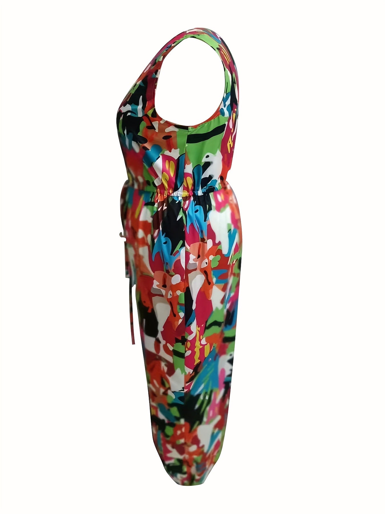 Plus Size Casual Tank Jumpsuit Allover Print V Neck Drawstring Tapered Leg