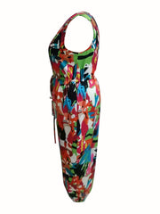 Plus Size Casual Tank Jumpsuit Allover Print V Neck Drawstring Tapered Leg