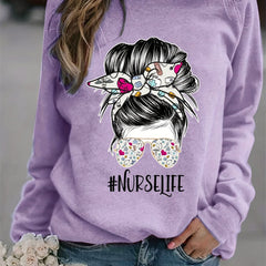 Nurse Life Print Loose Sweatshirt Casual Long Sleeve Crew Neck