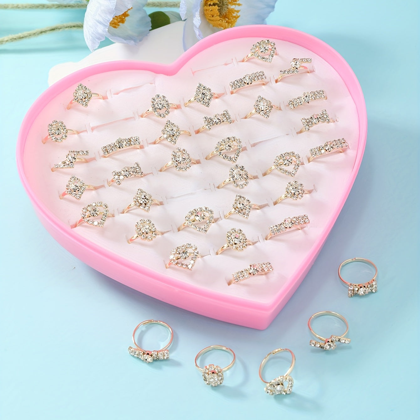 36pcs Girls Rhinestone Rings Set for Kids Gifts