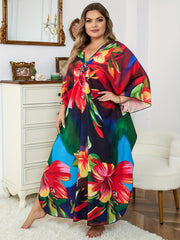 Plus Size Floral Print Batwing Sleeve V Neck Cover Up Dress
