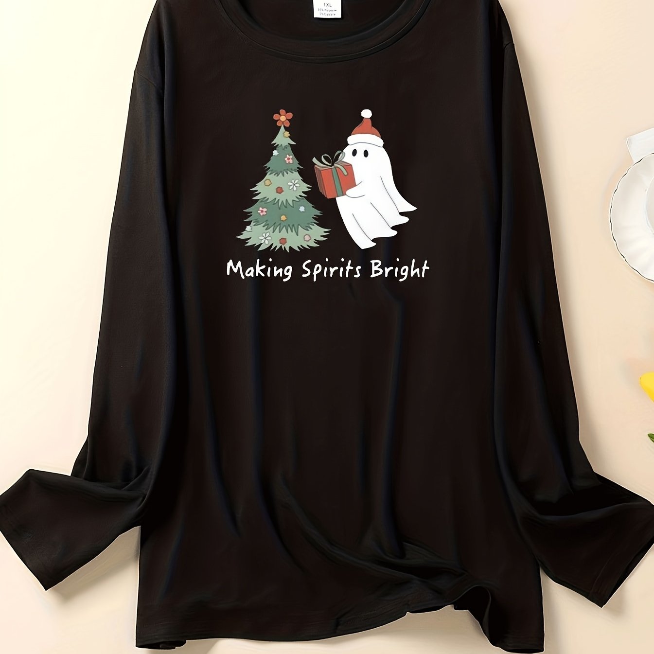 Women's Plus Christmas Lounge Top Long Sleeve Round Neck Sleepwear Tee