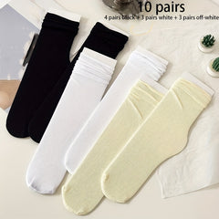 10 Pairs Women's Solid Mid Tube Socks Comfy Breathable Stockings