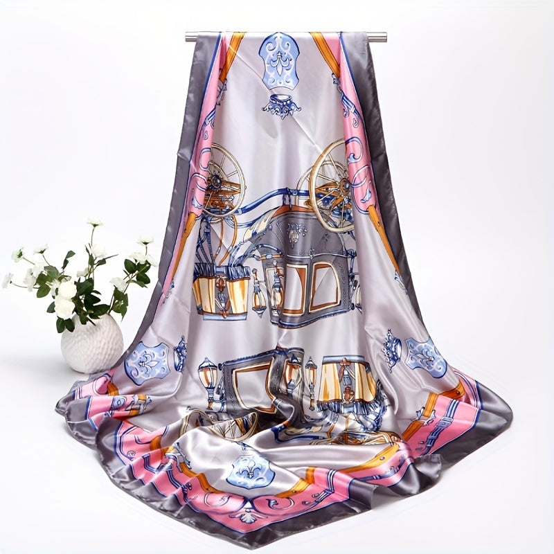 Vintage Carriage Print Square Scarf Satin Shawl for Women