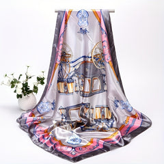 Vintage Carriage Print Square Scarf Satin Shawl for Women