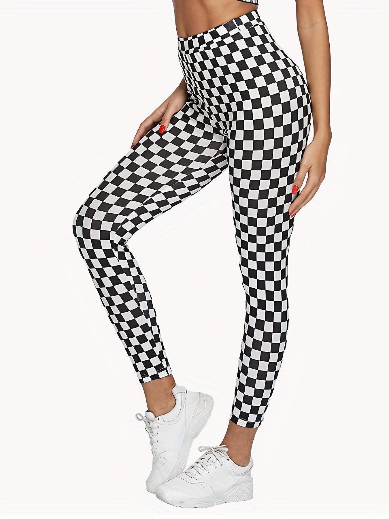 Plaid Print Skinny Leggings High Waist Stretchy Leggings Women's Clothing