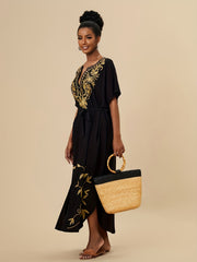 Women's Plus Boho Abaya Dress with Floral Embroidery