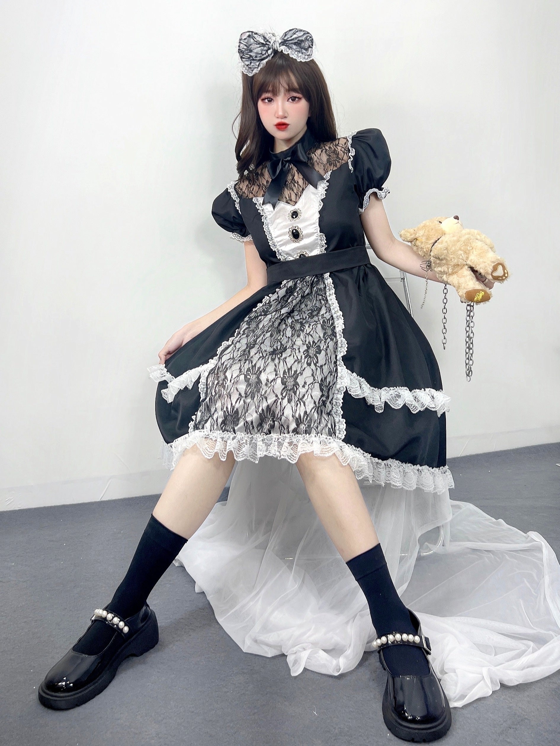 Halloween Lolita Lace Dress Illusion Neckline Puff Sleeve A-Line