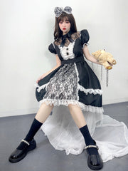 Halloween Lolita Lace Dress Illusion Neckline Puff Sleeve A-Line