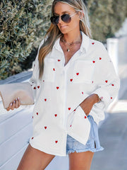 Heart Print Button Up Long Sleeve Blouse