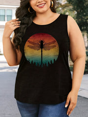 Dragonfly Print Round Neck Plus Size Tank Top