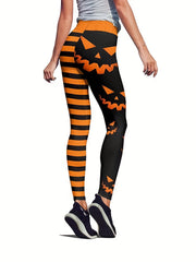 Funny Face & Stripe Print Halloween Leggings