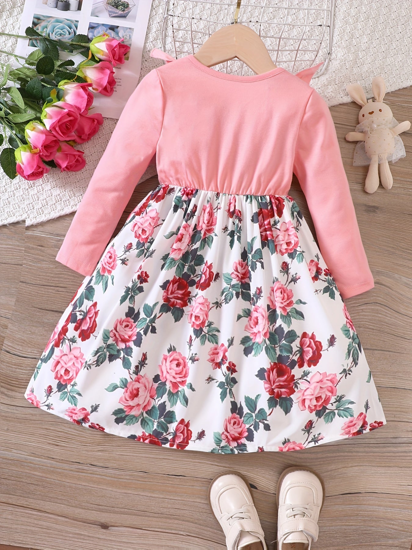 Girls' Floral Print Crewneck Long Sleeve Casual Dress