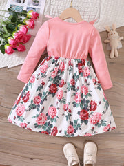 Girls' Floral Print Crewneck Long Sleeve Casual Dress