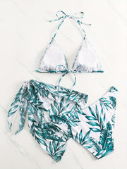Tropical Leaf Print Tie Back Halter Bikini Set
