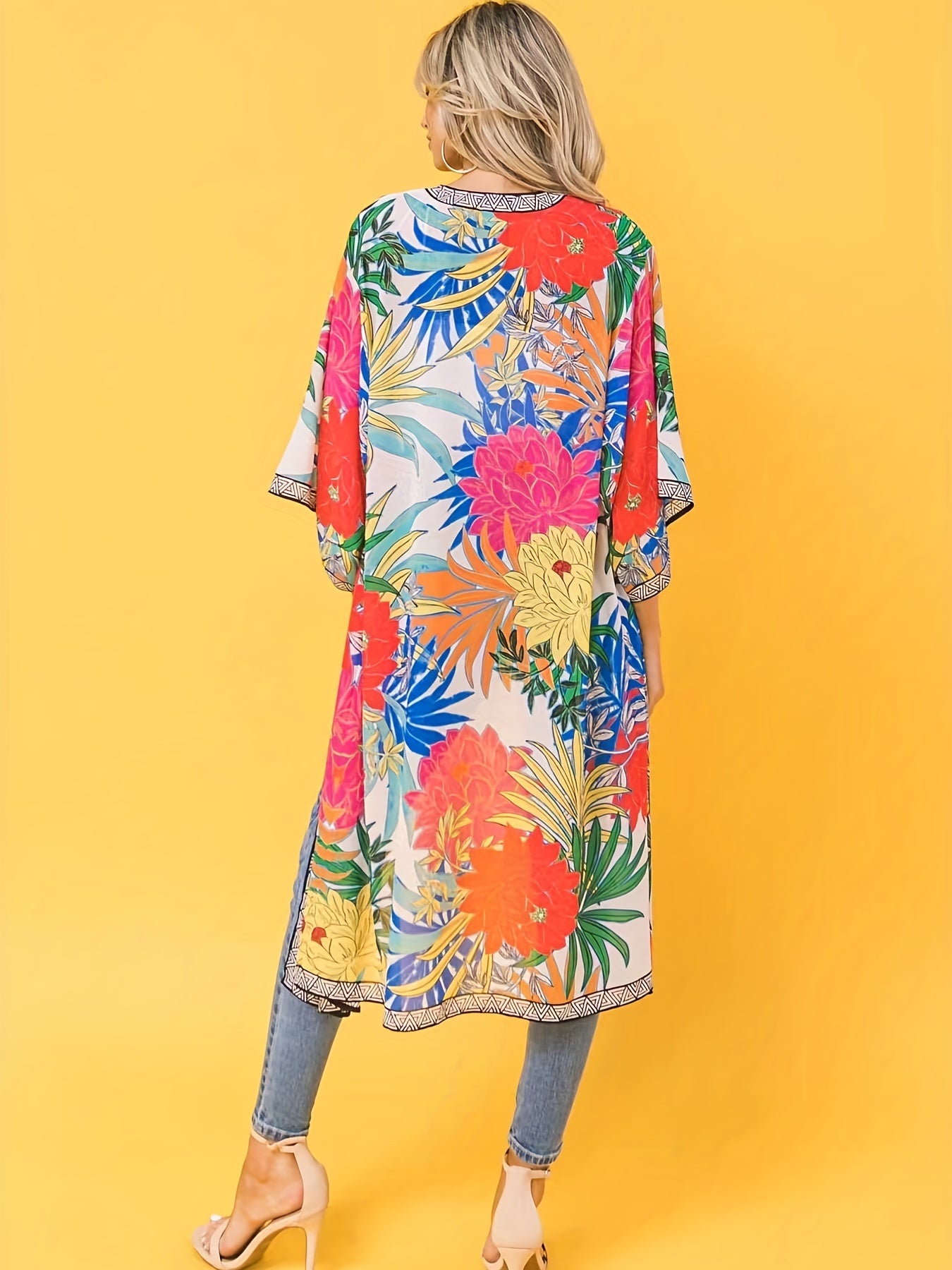 Boho Kimono Floral Print Half Sleeve Beach Cover Up