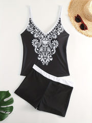 Plus Floral Print Boho Tankini Set Women's Plus Size Cami Top & Shorts 2 Piece