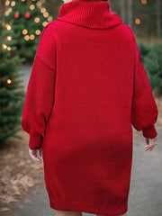 Women's Plus Reindeer & Snowflake Lantern Sleeve Turtleneck Sweater Dress