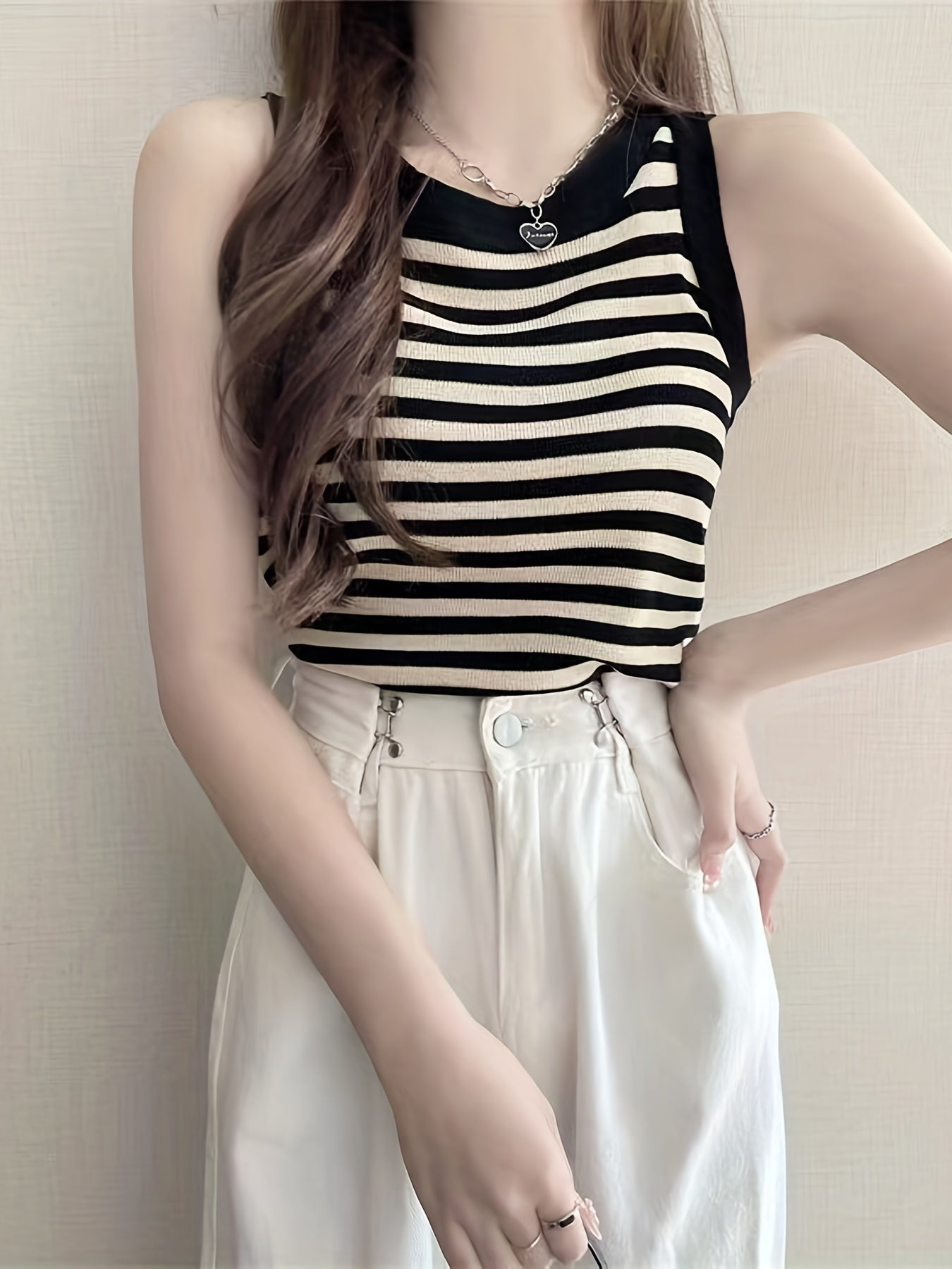 Striped Print Tank Top Casual Crew Neck Sleeveless Top