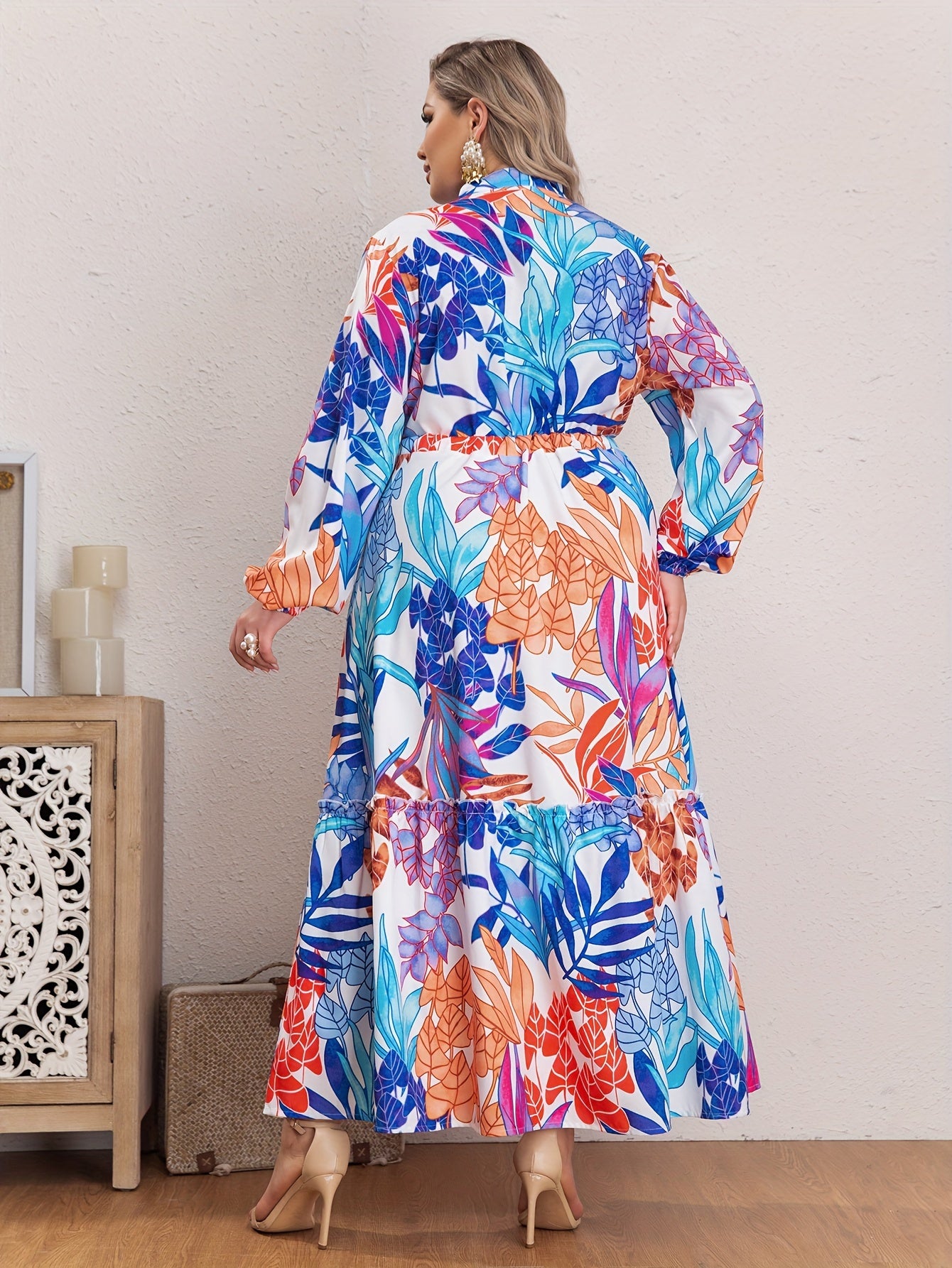 Floral Print Long Sleeve V Neck Maxi Smock Dress