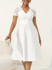 V Neck Button Front Wedding Dress Short Sleeve Dress