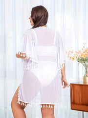 Sexy Cover Up Women's Plus Tassel Trim Batwing Sleeve V Neck