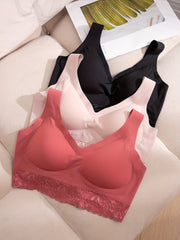3pcs Lace Wireless Padded Bras Scallop Trim Lingerie Set