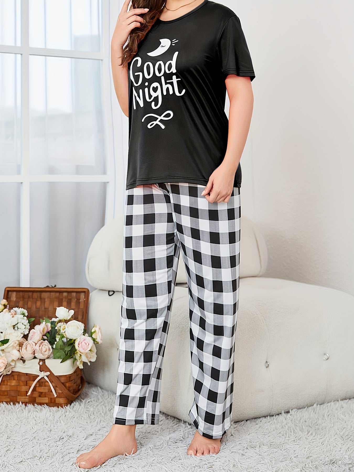 Letter Print Pajamas Set Short Sleeve Top & Plaid Pants