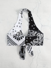 Paisley Print Beach Bikini Top Halter V Neck Tie Front High Stretch Beachwear