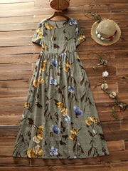 Casual Dress Women's Plus Floral Print Short Sleeve Round Neck Dress