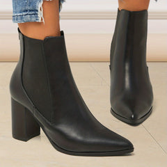 Women's Block Heel Ankle Boots Pointed Toe Slip On Faux Leather Shoes